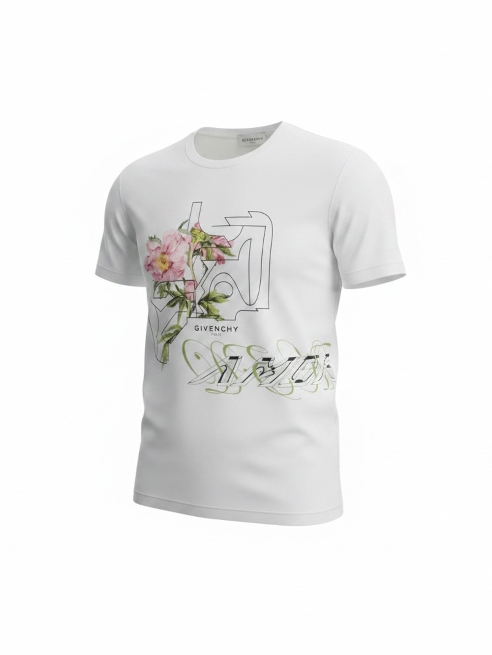 Givenchy White Short-Sleeve Logo Tee with Pink Floral Graphic